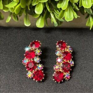 Vintage Kramer Ruby Red Rhinestone Clip On Earrings: 1950s Jewelry